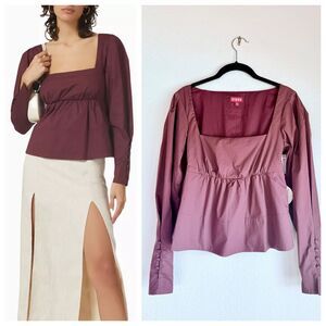 NWT STAUD Peggy Square Neck Long Sleeve Babydoll Top in Plum Burgundy Size XS